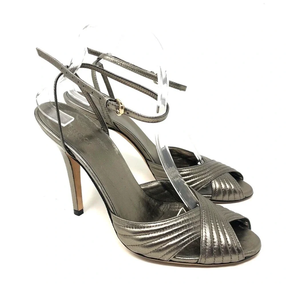 Gucci Sand Pelle Cuoio Sasso Stiletto Heels Womens 8.5 Champaign Metallic Party - Picture 1 of 15